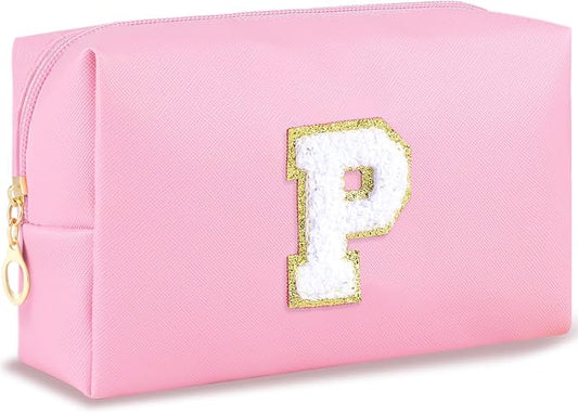 URSKYTOUS Initial Makeup Bag Personalized Preppy Travel Small Cosmetic Bag Cute PU Pink Chenille Letter Makeup Pouch for Purse Waterproof Zippered Toiletry Organizer for Women Girls Kids Friends (P)
