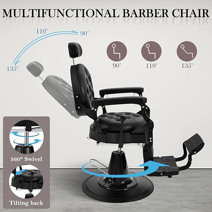 Vintage Barber Chair for Barbershop, Heavy Duty Reclining Salon Chair for Hair Stylist, Professional Hydraulic 360° Swivel Beauty Spa Hairdressing Styling Equipment, 550 lbs Capacity, Black