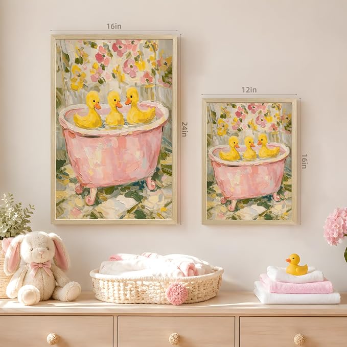 VziizV Cute Duck Bathroom Wall Art, Vintage Pink Bathtub Ducklings Decor, Cottagecore Farmhouse Floral Canvas Print, Whimsical Animal Bathroom Artwork for Nursery Kids Room Wood Framed 16x24 Inch