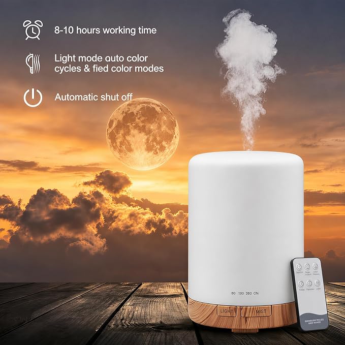 Aromatherapy Diffuser, Remote Control Essential Oil Diffuser 300ML, with 7 Color LED Light, Auto Off Timer Quiet for Bedroom Living Room Kitchen Home Gift