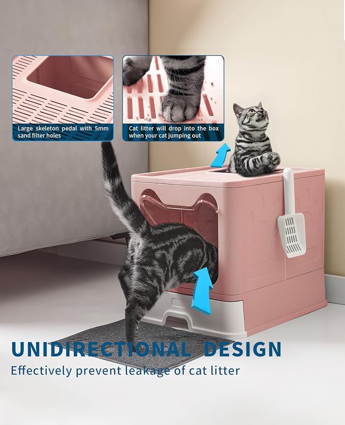 Medario Cat Litter Box with Litter Mat and Scoop(Pink) | Large Covered Litter Box with Lid, Enclosed Kitty Box, Front Entry Top Exit, Odor Control, Easy to Clean