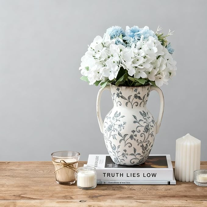 Emotionally Grounded Vase, Vaseking Large Ceramic Rustic Vase with 2 Handles, 8.3 inch Minimalist Decorative Farmhouse Tall Vases for Home Decor, Living Room, Enterway, Table Decoration, Gray Floral