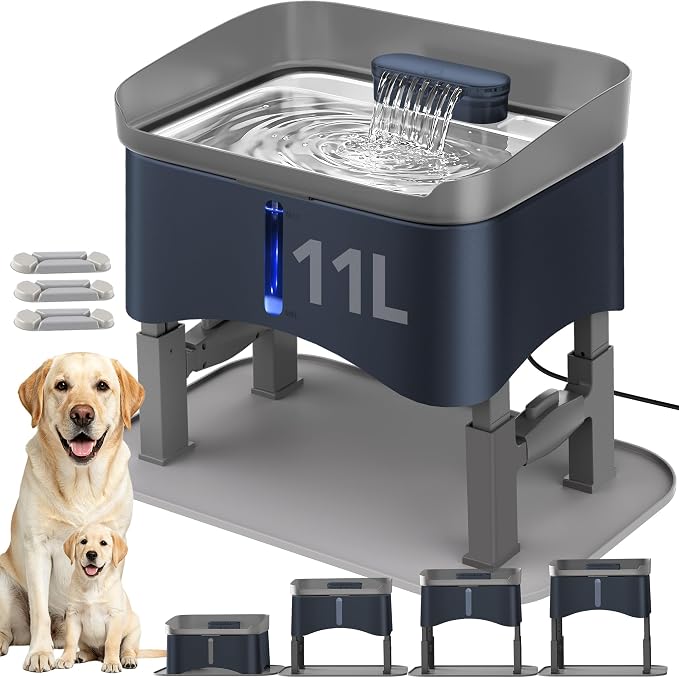 11L Elevated Dog Water Fountain No-Spill with 4 Heights Adjustable | Large Capacity, No-Splash, Anti-Slip Mat, 304 Stainless Steel Tray, 5-layer Filtration, for Senior/Large Dog & Multi-Pet Home
