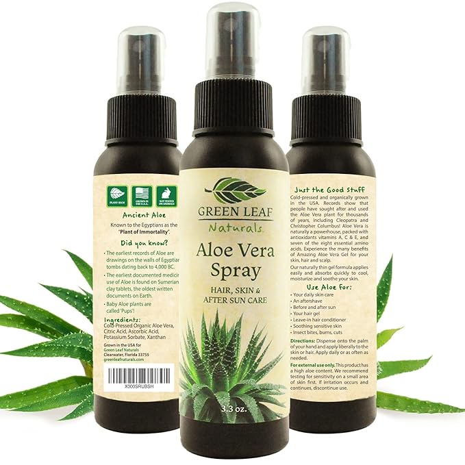 Green Leaf Naturals Aloe Vera Spray Bottle Travel Size | Vitamin C, E & A | Skin Care, Hair Spray, Facial Moisturizer, Hair Growth, Facial Cleanser, Sunburn Relief & After Sun Lotion 3.3oz