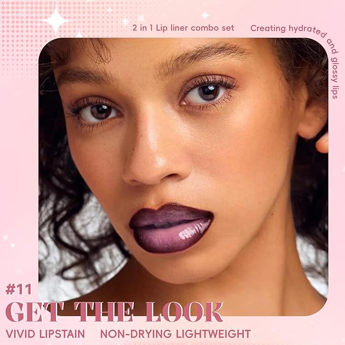 Lip Liner Gloss Lip Combo Set, 2 in 1 Lip Duo Plum Mauve Lip Liner Lipstick Glossy Nourishing Hot Pink Gloss Lip Kit, Smooth Quick Fuller Plumping Juicy Lip Makeup for Women11#Dusty Plum