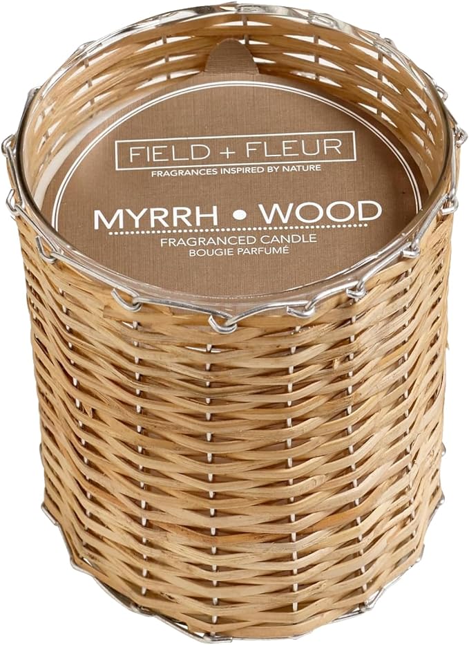 Myrrh Wood Scented Candle – Luxury 12oz Soy Wax, 2-Wick Handwoven Glass Jar, Earthy Patchouli and Myrrh with Warm Amber and Sandalwood – Santal Candle, 75+ Hour Clean Burn, USA Made