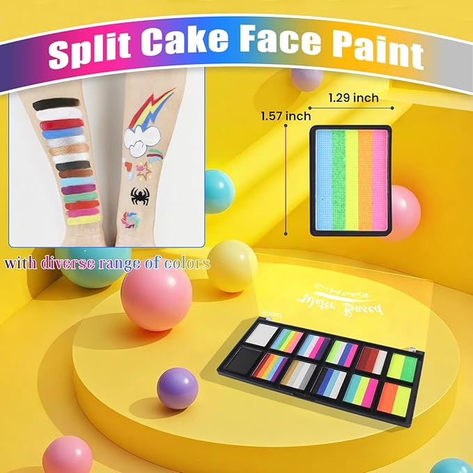 Water Activated Face Paint, Highly Pigmented Face Painting Kit, Quick-Drying Body Paint for Adults, Split Cake Face Paint with 4 Face Paint Brushes for Halloween, Easter, Parties
