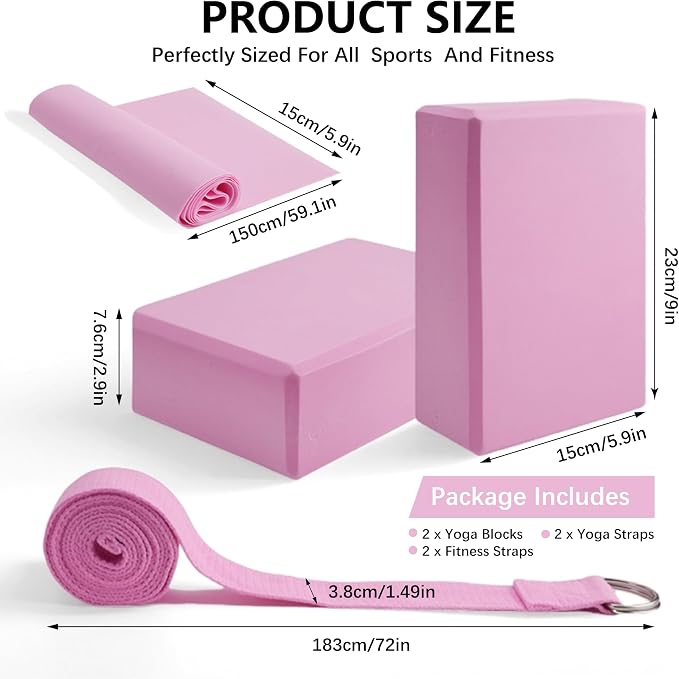 MAOMUN 6 Yoga Blocks 2 Pack with Yoga Strap and Beveled Edges, Anti-Slip Pilates Block Set Yoga Brick, Soft Lightweight Pilates Accessories for Balance Stability Stretching Pilates