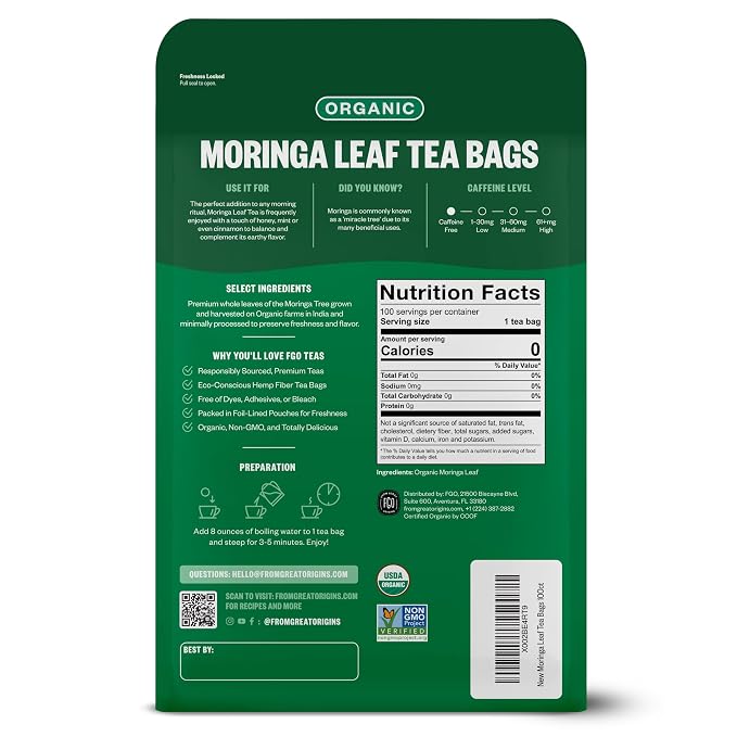 FGO Organic Moringa Tea, 100 Count, Eco-Conscious Tea Bags, Resealable Bag, Caffeine Free, Packaging May Vary (Pack of 1)