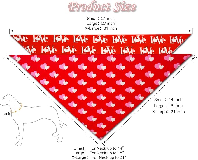 Valentines Dog Bandanas 2PCS-XLarge,Love Pet Scarf for Boys and Girls,Heart Bandana for Weddings,Parties,and Holidays,Dog Outfit Gifts for Extra Large Dogs(Red)