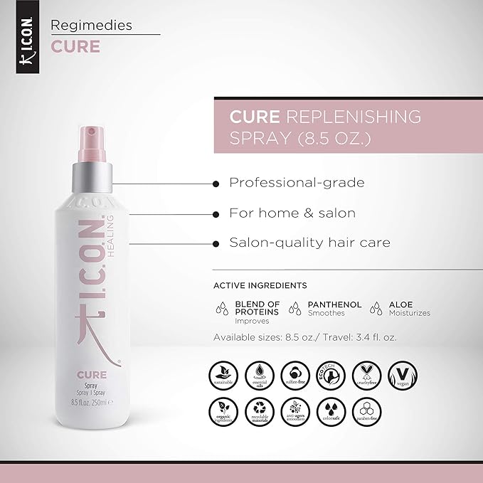 K I.C.O.N. I.C.O.N. Cure Replenishing Spray, Instant Detangling Treatment, Strengthens Dry & Damaged Hair, Conditions & Softens All Hair Types, 8.5 oz