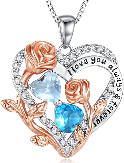 I Love You Birthstone Necklace, 925 Sterling Silver Heart Pendant with CZ Diamond Stones, Birthday Gifts for Women, Romantic Gift for Wife, Girlfriend, Her, Anniversary, Valentine's Day, Christmas
