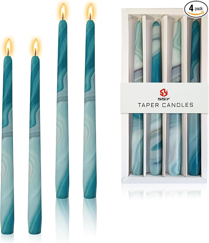 10 inch Long Candle Blue Quicksand Taper Candles Printed Candlestick Handmade Unscented Taper Candle 4 Pack Smokeless Tapered Candles for Home Dinner Wedding Holiday