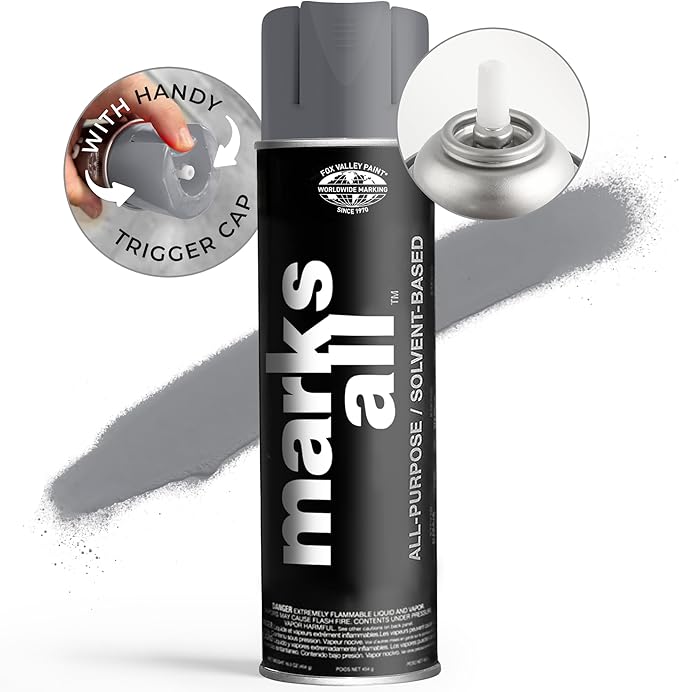 Fox Valley 18oz Marks All Solvent-Based Marking Paint Spray, 12-Pack Aluminum – Long-Lasting, Weather-Resistant Spray Paint for Wet or Dry Surfaces Like Metal, Grass, Concrete, Wood, & More