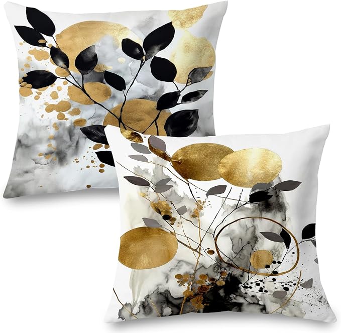 Black and Gold Botanical Pillow Covers 16x16 Set of 2, Abstract Modern Decorative Throw Pillow Covers for Living Room Bedroom, Modern Home Decor, Black and Gold Bedroom Living Room Decor