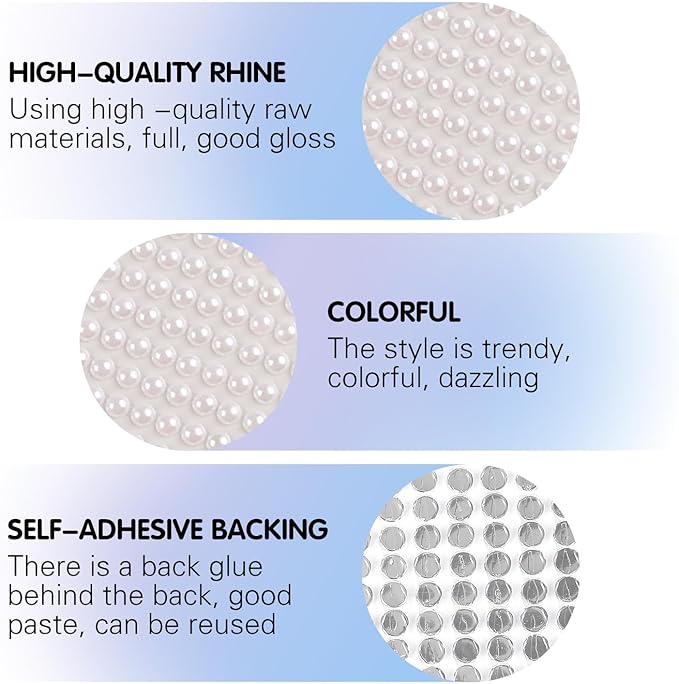 8 Sheets Rhinestone Stickers，3584 Pcs Gem Stickers for DIY Face Eyes Makeup Hair（Pure White Pearl-3/4/5/6mm）