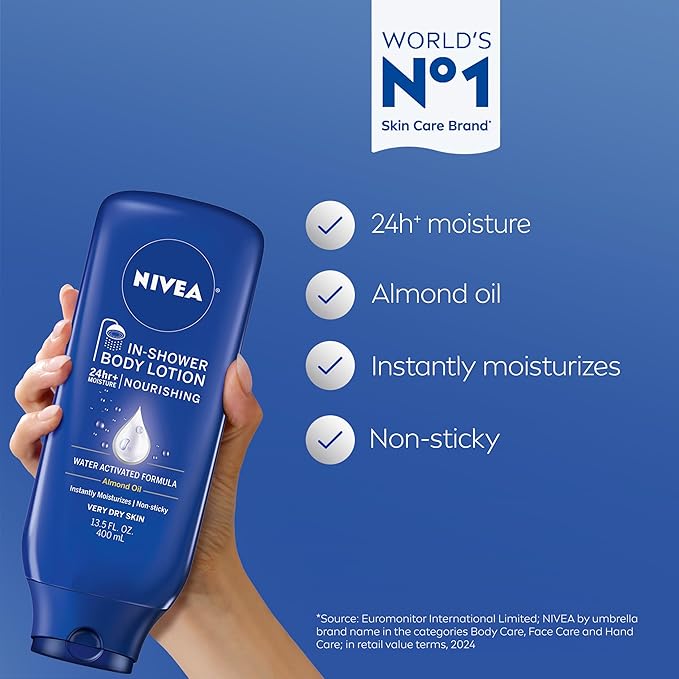 NIVEA Nourishing In Shower Lotion, Water Activated In Shower Moisturizer for Dry to Very Dry Skin, 13.5 FL OZ, Pack of 3