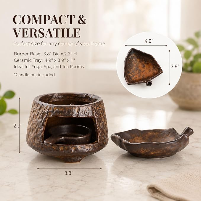 Ceramic Essential Oil Burner, Wax Melt Warmer & Palo Santo Holder, Handmade Retro Aromatherapy Burner with Tea Light Candle Holder, Rustic Zen Home Decor Incense Burner
