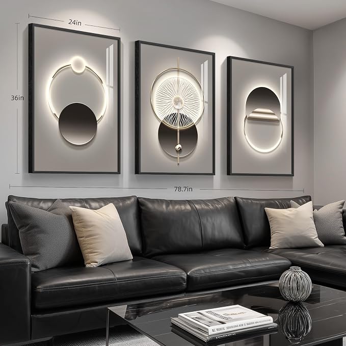 Framed Modern Black and Grey Abstract Wall Art for Living Room, Large 3 Piece Bright Silvery Pictures Artwork Decor, Minimalist Geometric Luxury Painting Prints for Hallway Home Office 24x36 In