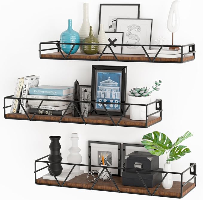 Floating Shelves Set of 3, Wood Wall Shelf, Farmhouse Shelf for Bedroom | Wall Mounted Floating Shelf for Living Room, Bedroom, Bathroom, Kitchen, Office