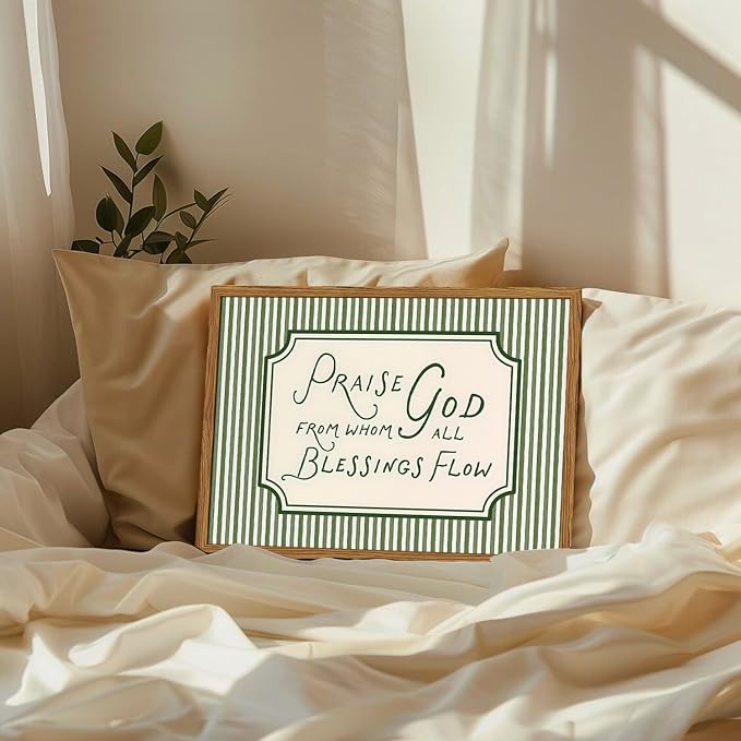 Framed Christian Scripture Wall Art, Bible Verse Pictures Wall Decor, Sage Green Striped Praise God From Whom All Blessings Flow Paintings Canvas Prints Religious Home Decor for Living Room 16x24 inch