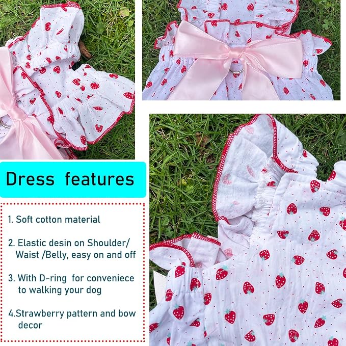 ANIAC Strawberry Dog Dress for Small Medium Dog Cotton Puppy Clothes Girl Dog Princess Dress Sleeveless Cat Outfit Bow Summer Pet Clothing (Strawberry, X-Large)