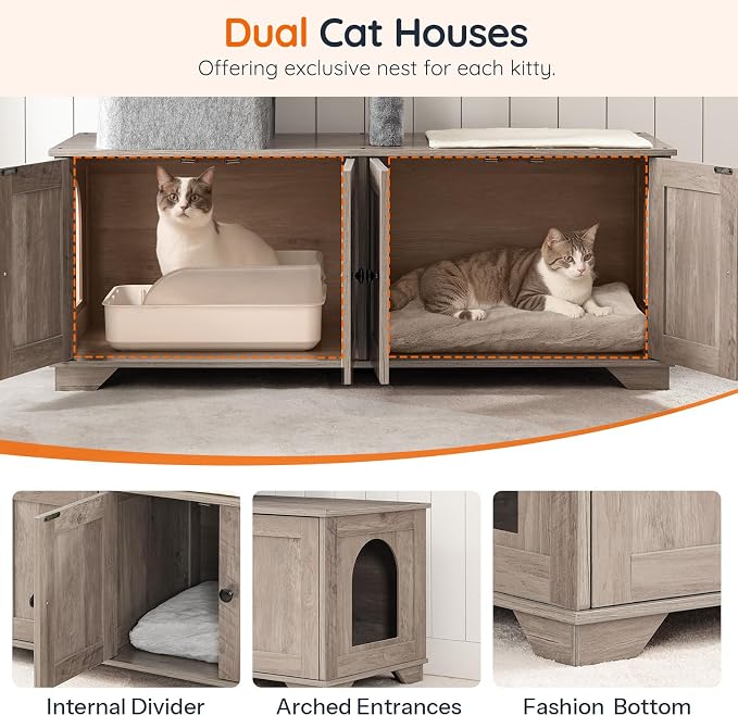 HOOBRO Double Litter Box Enclosure with Cat Tree, 45.3" L x 17.7" W x 68.9" H All-in-One Modern Cat Tower with Bed, Hidden Litter Box Enclosure Furniture, with Hammock, Sisal Posts, Greige BG22MZ03