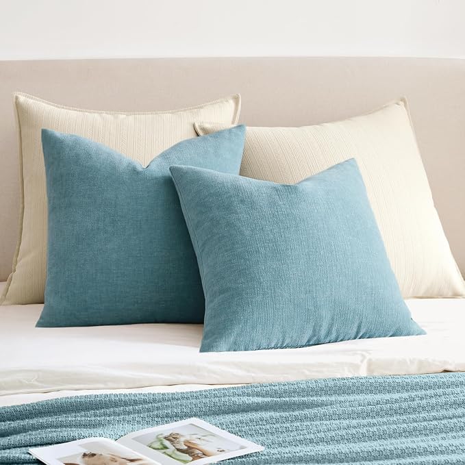 MIULEE Smoke Blue Chenille Couch Throw Pillow Covers, 18x18 | Set of 2, Soft Coastal Home Decor, Modern Farmhouse Decorative Pillowcases for Sofa Living Room Bed
