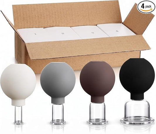 BBTO 4 Pcs Glass Facial Cupping Set Silicone Vacuum Suction Massage Cups Skin Tightening Therapy for Face Body Eyes Back Shoulder Pain (Classic)