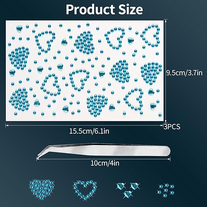 3Sheets Heart Gem Stickers Jewels for Crafts, Face Makeup - Self Adhesive Rhinestone Jewel Stickers, Stick on Gems Rhinestones for Crafts, Craft Supplies for Kids (03.Water Blue Heart)