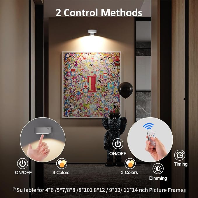 Tututry 3-Pack Picture Lights for Wall, Rechargeable Battery Magnetic Poster Lights with Remote Dimmable 3-Color Temps & Timer, LED Art Display Lighting for Paintings, Frames & Wall Art Decor (White)