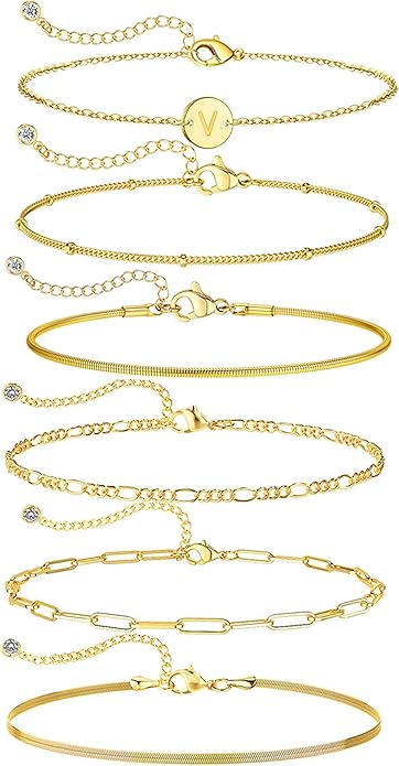 Bracelets for Women, 14K Gold Plated 6PCS Letter A-Z Stackable Jewelry Set for Adjustable 6"+2"