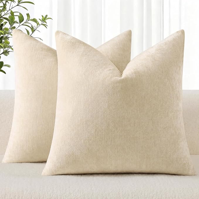 decorUhome Soft Chenille Beige Throw Pillow Covers 26X26 Set of 2 | Decorative Fall Couch Pillow Covers Solid Dyed Accent Modern Euro Sham Farmhouse Neutral Square Pillow Cases for Sofa
