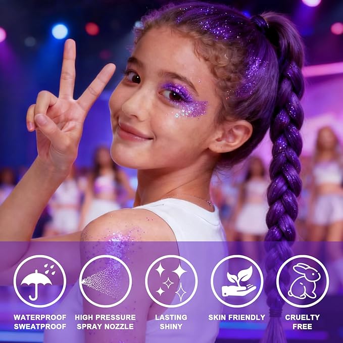 Hair and Body Glitter Spray, Holographic Glitter Highlighter Powder for Rumi Costume Cosplay Makeup, Face Body Clothes Shiny Glitter, Loose Shimmer Hairspray Festival Rave Prom Accessories (Purple)