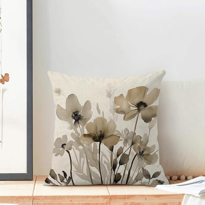 Spring Floral Pillow Covers 18x18 Inches Set of 2,Brown Floral Throw Pillow Covers Outdoor Summer Flower Decoration Pillowcase Farmhouse Decorative Square Linen Cushion Cover for Couch Sofa
