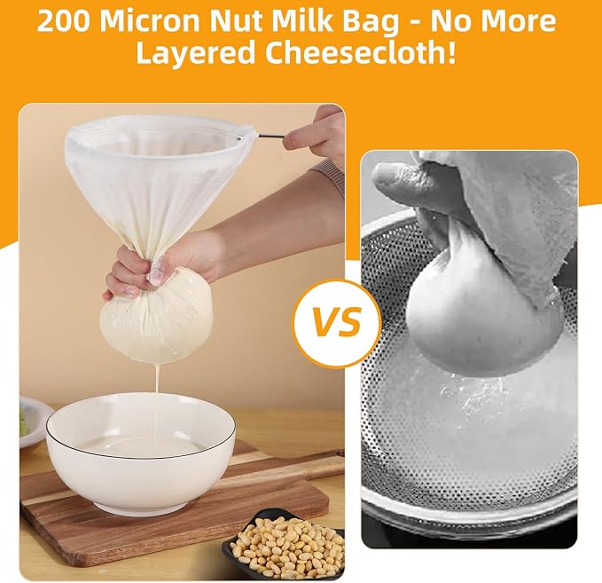 5 Pcs Premium Ultra Fine Mesh Strainer Bags with Stainless Steel Handle, Reusable Nut Milk Bags, Cheese Cloths for Straining Juice, NutMilk, Coffee, Thai Tea, Yogurt and Soup (Large)