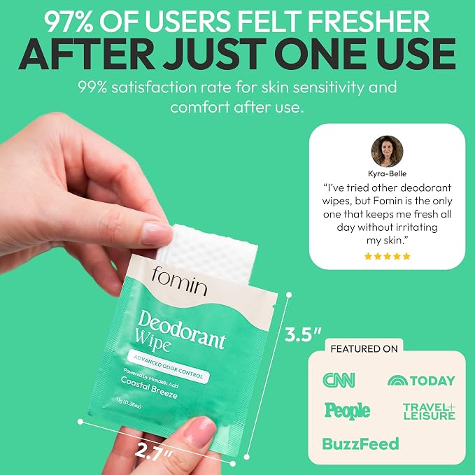 FOMIN Acidified Travel Deodorant Wipes For Women & Men - 15 Count - Coastal Breeze - pH Balanced, Mini Deodorant Travel Size Wipe - Plastic-Free, Individually Wrapped Underarm Body Wipes