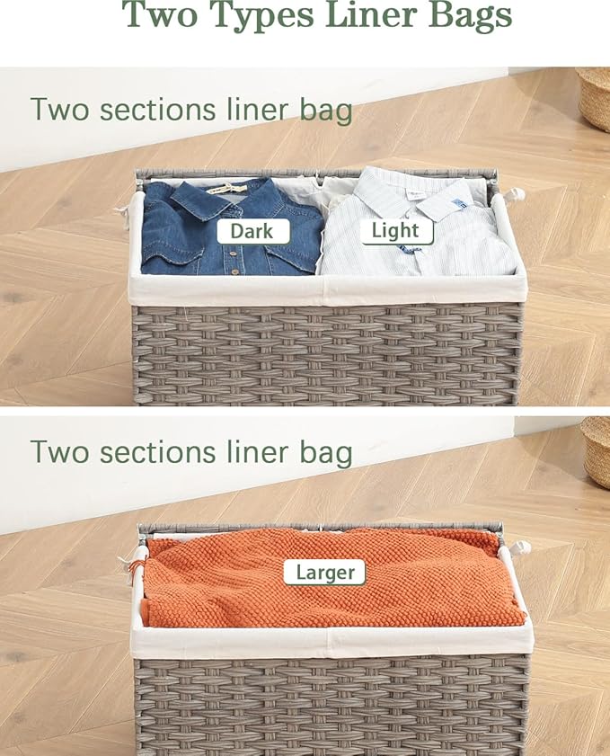 SETVSON Storage Basket with Lid Wicker Baskets for Storage, 160L Gray | Dual Lid Jumbo Blanket Storage Trunk, Divided Clothes Organizer, 2 Washable Liner Bags, Collapsible PE Rattan Bin