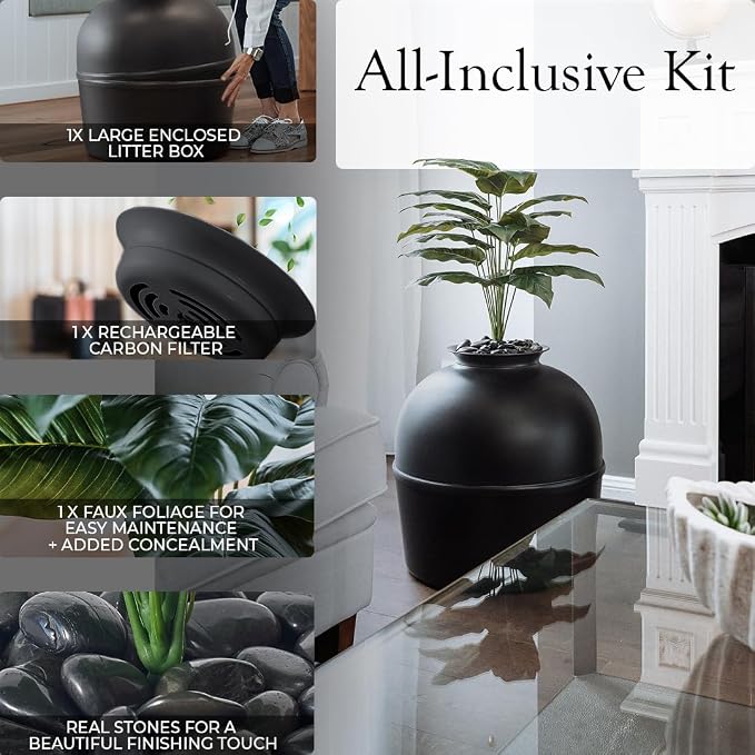 Secret Litter Box by Bundle & Bliss - Hidden Litter Box Enclosure, Patented Design with Odor Control, Includes Faux Plant, Carbon Filter and Real Stones (Matte Black)