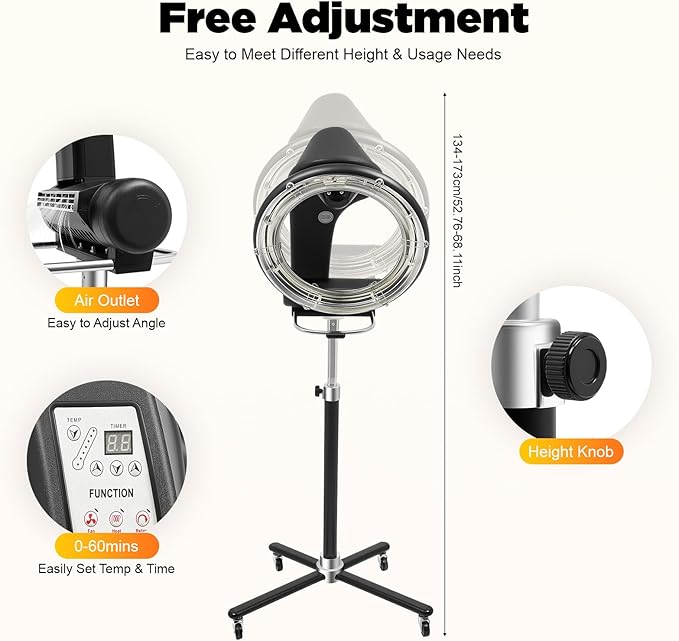 3 in 1 Orbiting Infrared Hair Dryer-Hair Steamer, Professional Infrared Hair Color Processor & Multi-Function Dryer Accelerator, Adjustable Height Standing Salon Hair Dryers w/Rolling Base 1000W 110V