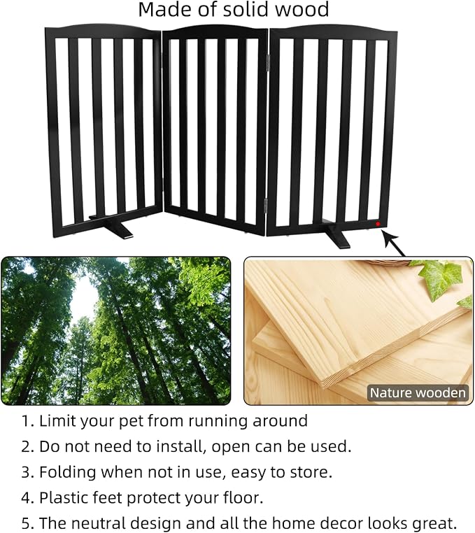 ZJSF Foldable Freestanding Indoor Dog Gate for House Wood Long Pet Gates Dog Fence for Stairs Puppy Gates for Hallways, Puppy Gate,Support Feet Included, Black, 32 "Height-3 Panels
