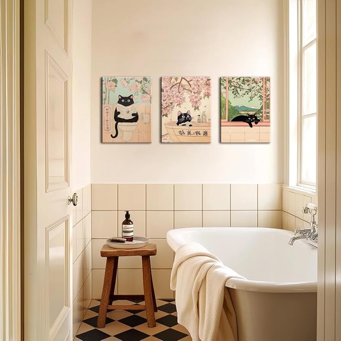 Japanese Bathroom Wall Art Set of 3, Cute Black Cat Bathtub Wall Decor, Funny Animal Reading Newspaper Canvas Prints for Bathroom Bedroom Laundry Room 16x24 inch Framed