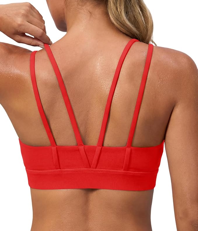 Aoysky Sports Bras for Women Buttery Soft Strappy Padded Sports Bra Double Spaghetti Straps Wireless Yoga Workout Crop Tops