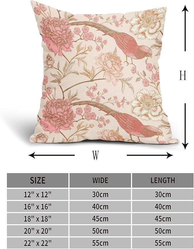 Flowers Birds Pillow Covers 18X18 Inch Set of 2 Pink White Roses Floral Leaf Decorative Pillow Cases Art Retro Gold Cotton Linen Cushion Case Vintage Home Decor for Sofa Couch Porch Outdoor