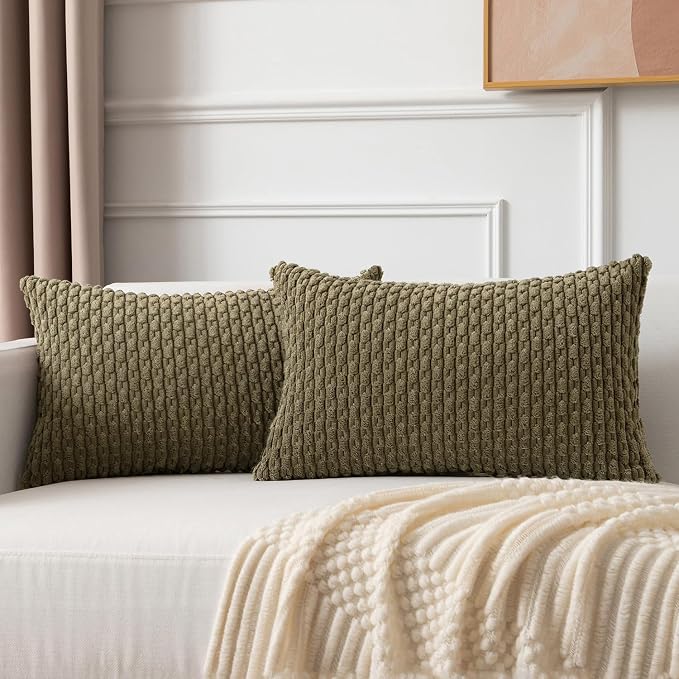 Kevin Textile Soft Corduroy 12"x20" Lumbar Pillow Cover 1 Pack, Olive Green | Boho Stripe Plush Corduroy Decorative Oblong Cushion Cover Modern Farmhouse Home Decor for Sofa Couch Bed Chair
