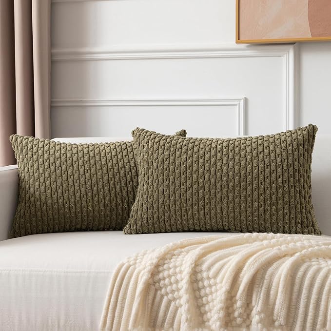 Kevin Textile Soft Corduroy 12"x24" Lumbar Pillow Cover 1 Pack, Olive Green | Boho Stripe Plush Corduroy Decorative Oblong Cushion Cover Modern Farmhouse Home Decor for Sofa Couch Bed Chair