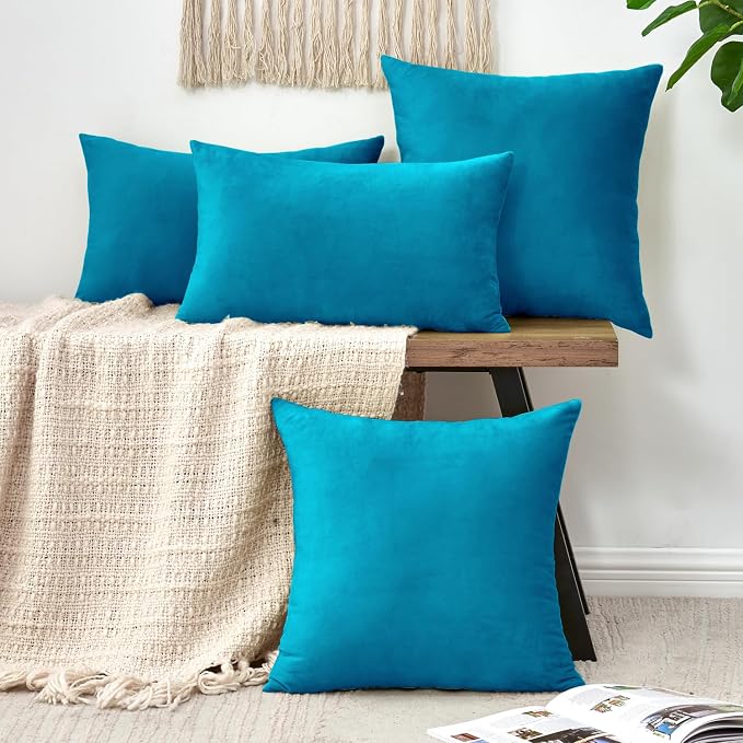 Throw Pillow Covers Decorative Velvet Set of 2 16x16 Inch Pillow Covers, Soft Teal Pillowcases for Couch Sofa Bed Living Room, Farmhouse Home Boho Decor, Square Accent Cushion Covers