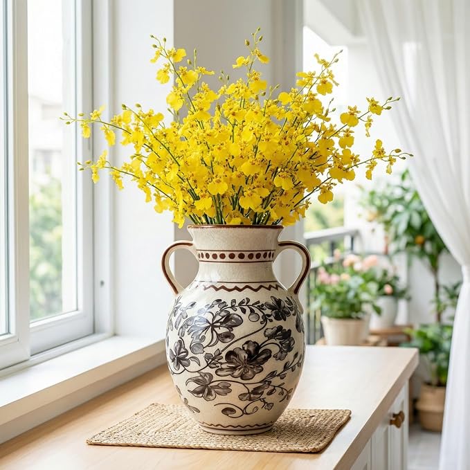 EFISPSS Ceramic Vintage Vase,Chinoiserie Rustic Farmhouse Floral Spring Decor for Home Decor Living Room Fireplace Office, Grey