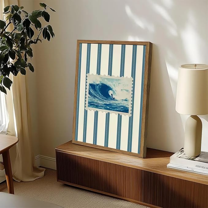 Vintage Surf Stripe Wall Art Trendy Coastal Wall Decor Painting Blue and White Beach Surf Poster Canvas Print for Bedroom Living Room Bathroom 16x24 inch Wood Framed