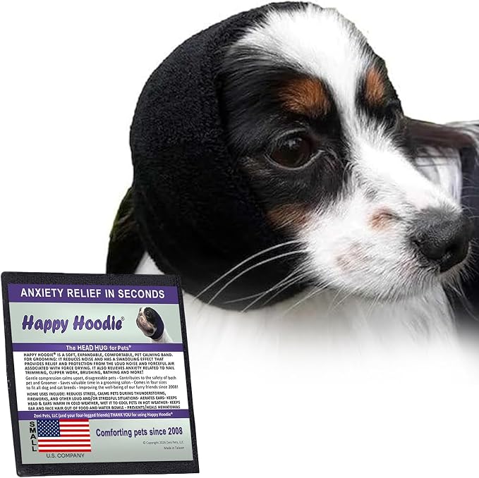 Happy Hoodie The Original Dog & Cat Calming Band - American Brand - Anxiety Relief/Noise Protection-Grooming-Thunder-Fireworks (Small, Black) - Since 2008